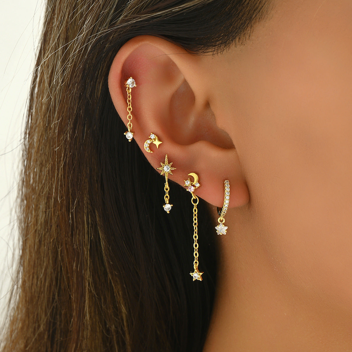 Pendientes de Cobre Minimalistas en Forma de Estrella con Incrustaciones de Circonita para Mujer, Set de Pendientes Geométricos Celestiales