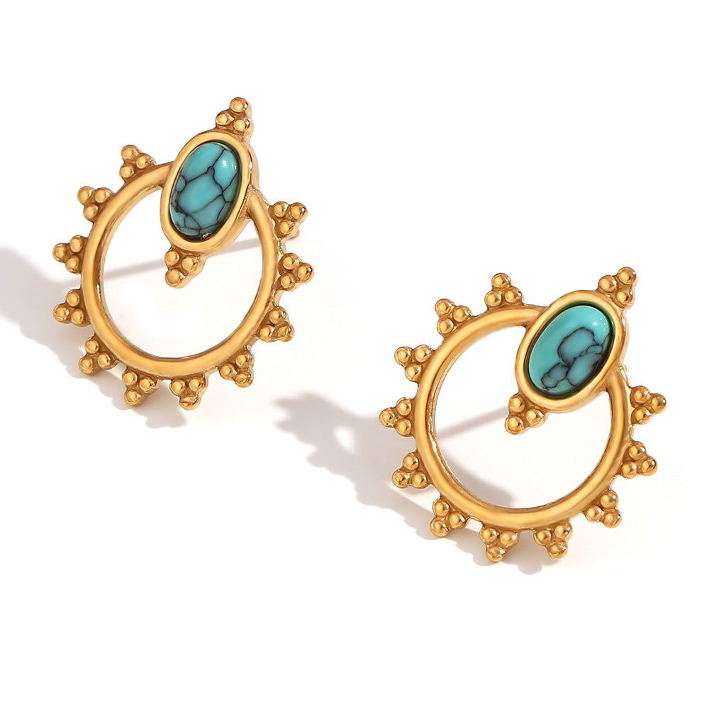 Orecchini a perno ovali geometrici bohémien stile vintage con turchese, da donna, in acciaio al titanio placcato oro 18K