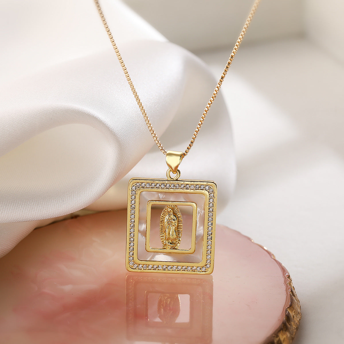 Minimalist Geometric Mother Mary Shell Pendant Necklace for Women with Copper Base and 18K Gold Plating, Zircon Inlay