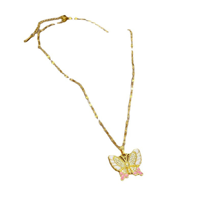 Sweet and Edgy Butterfly-Shaped Titanium Steel Necklace with Rhinestone Inlay, Minimalist Geometric Pendant on Titanium Steel Chain for Women