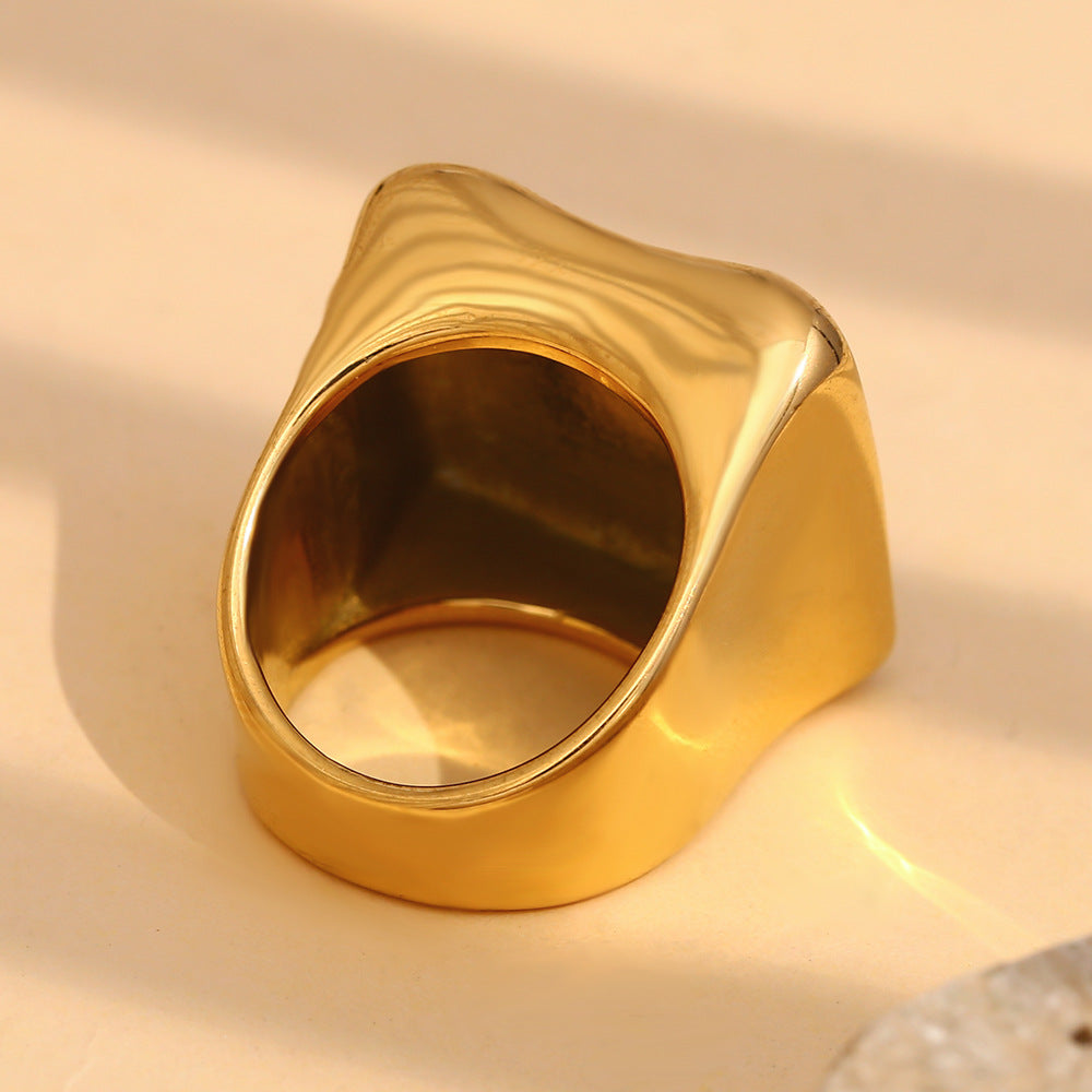 Geometric Square Finger Ring for Women Made of Stainless Steel with 18K Gold Plating, Fashionable Office-Appropriate Design Featuring Unique Fingerprint Detail