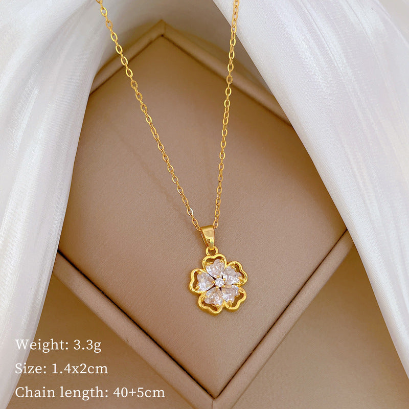 Luxury Minimalist Sweet Geometric Rhinestone Pendant Necklace for Women Titanium Steel O-Chain