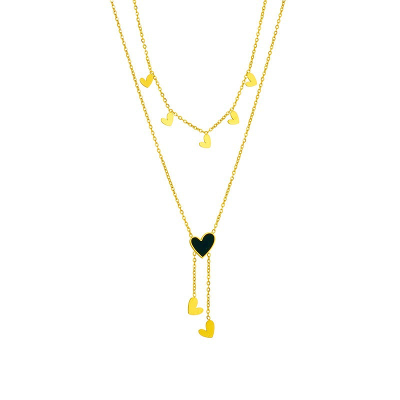 Minimalist Geometric Pendant Necklace with Enamel Heart Charm and Fringe Detail in Titanium Steel