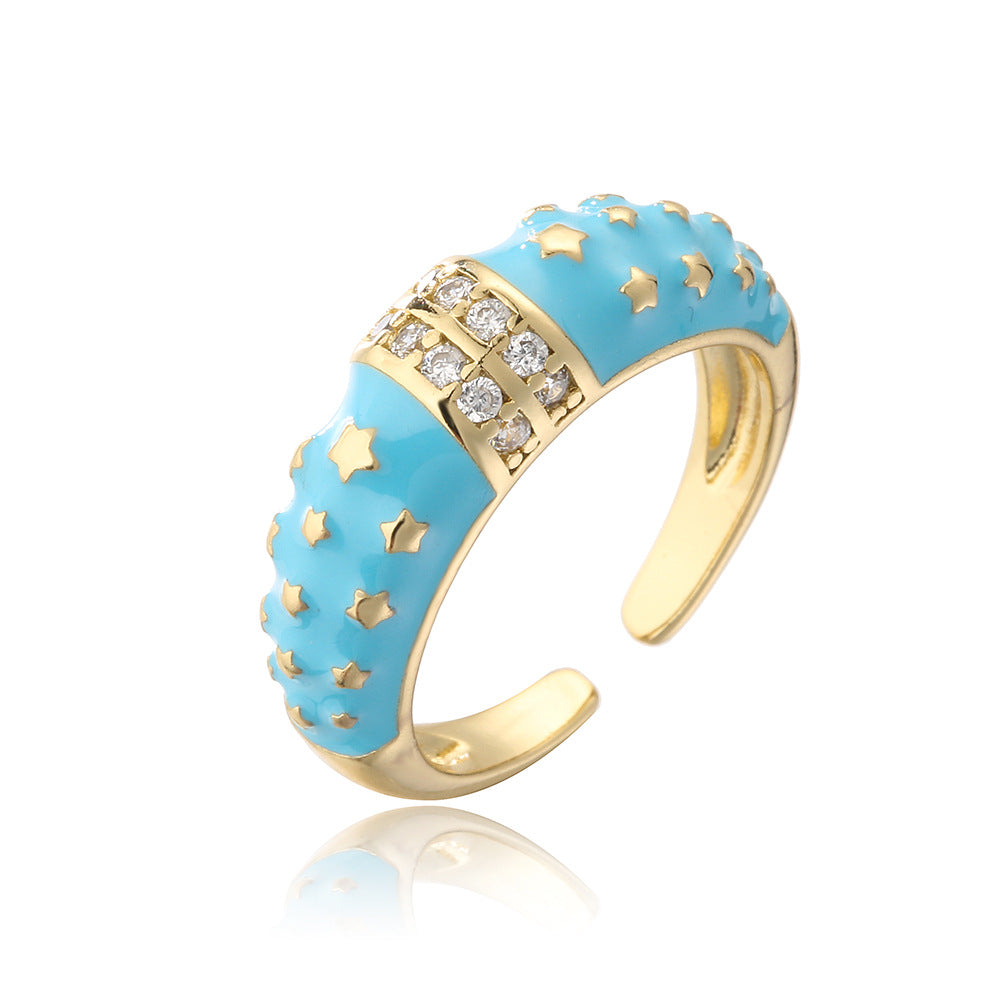 Anello Aperto Geometrico Stile Bohemien in Rame con Placcatura in Oro 18K e Zirconia Smaltata Colorata