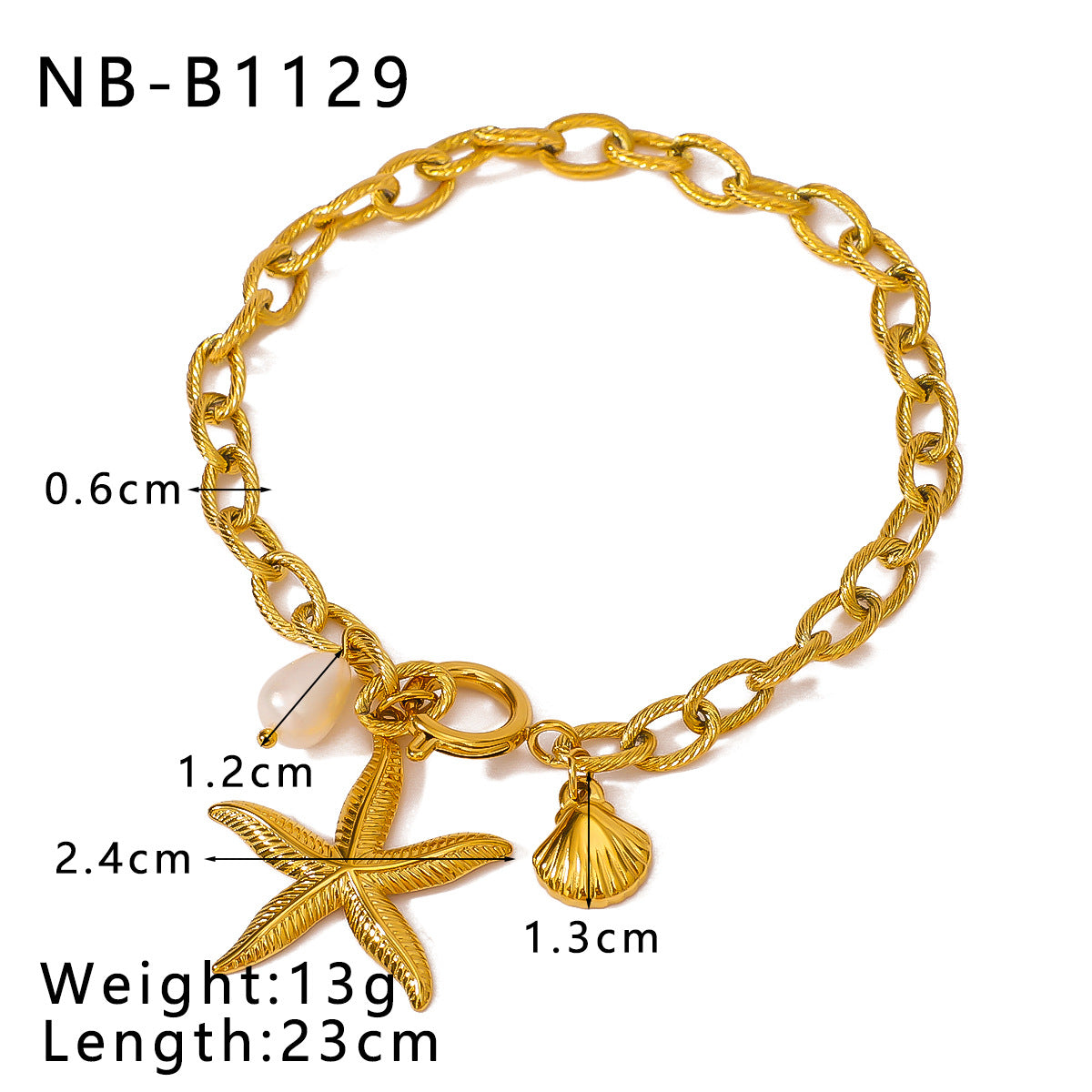 Pulsera geométrica minimalista de acero inoxidable con baño de oro de 18 K para mujer, con dijes de vieira y estrella de mar y detalles de perlas