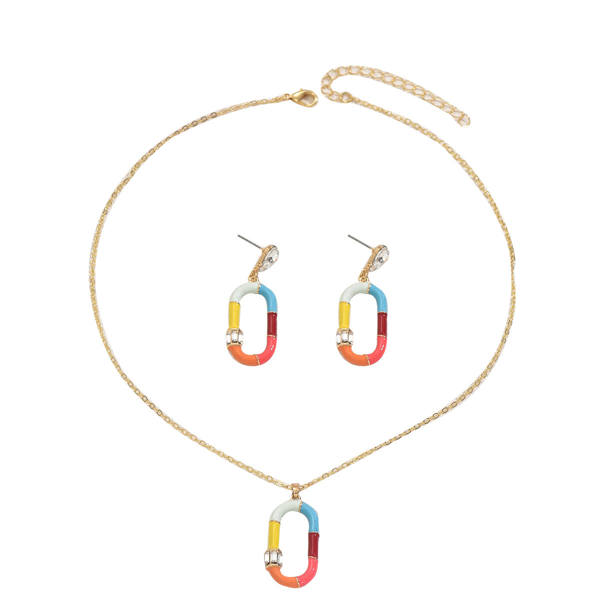 Set collana pendente in smalto colorato stile geometrico con intarsio di strass per donna