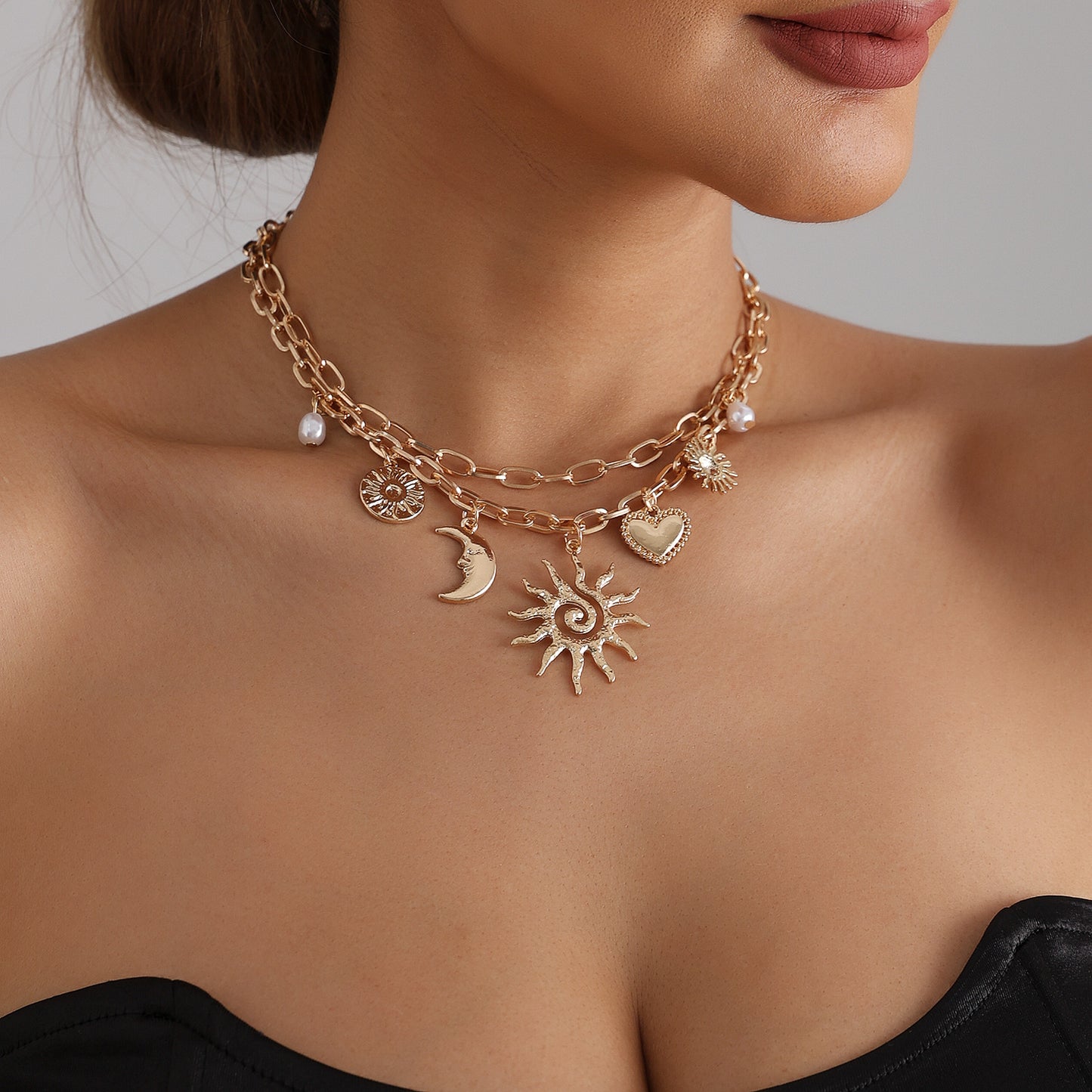 Vintage Ethnic Sunflower Heart Geometric Alloy Plated Necklace for Women
