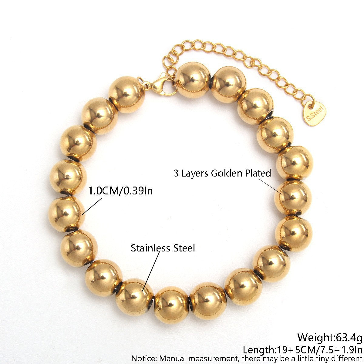 Gold Plated Stainless Steel Ball Chain Bracelet Unisex Elastic Beaded Hand String