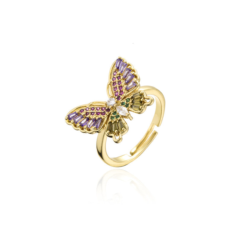 INS Style Geometric Butterfly Ring in Copper with Micro-Paved Cubic Zirconia and 18K Gold Plating