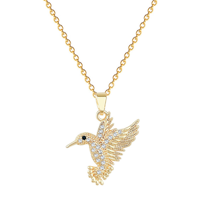 Sweet Minimalist Gold Plated Titanium Steel Bird Necklace with Rhinestone Inlay on Cable Chain for Unisex