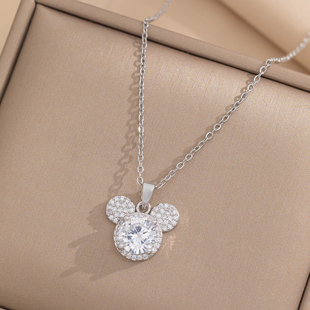 Light Luxury Cartoon Mickey Mouse Pendant Necklace for Women in Titanium Steel with Rhinestone Inlay on O-Chain