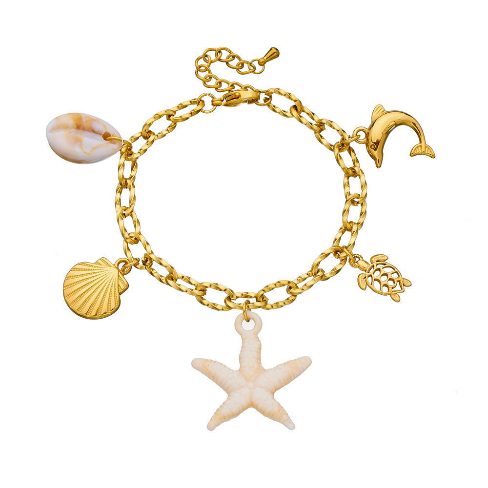 Fashion Elegant Animal Stainless Steel Plated Bracelet with Starfish Shell Turtle Dolphin Charms