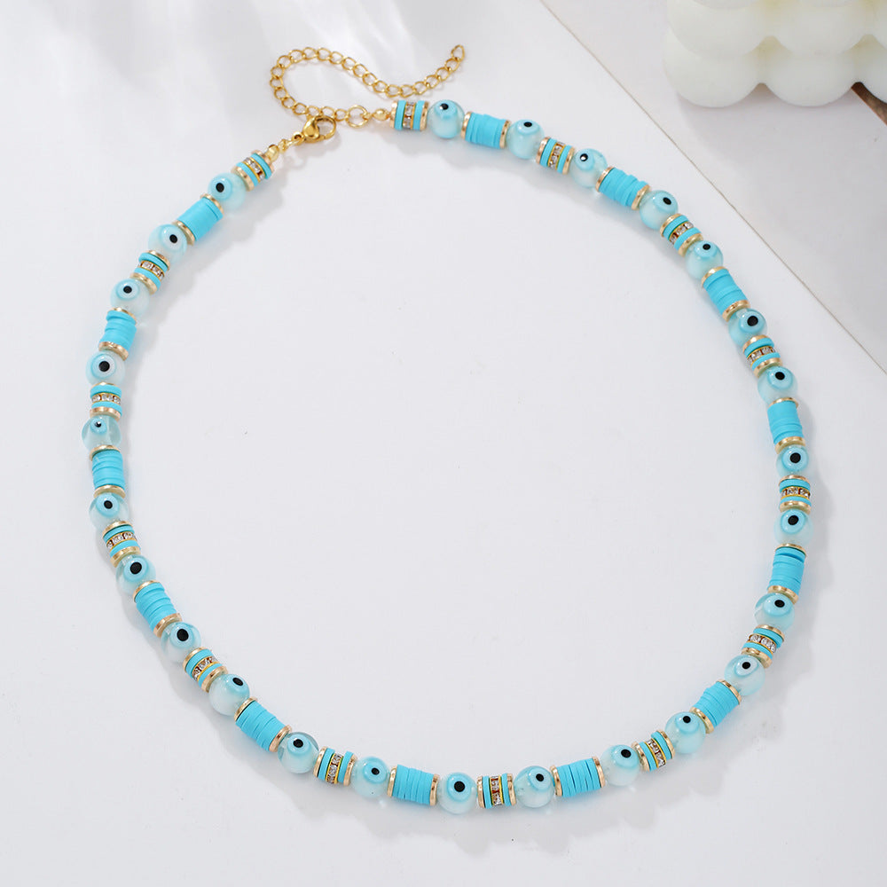 Bohemian Round Geometric Resin Evil Eye Necklace with Cubic Zirconia Cable Chain for Unisex