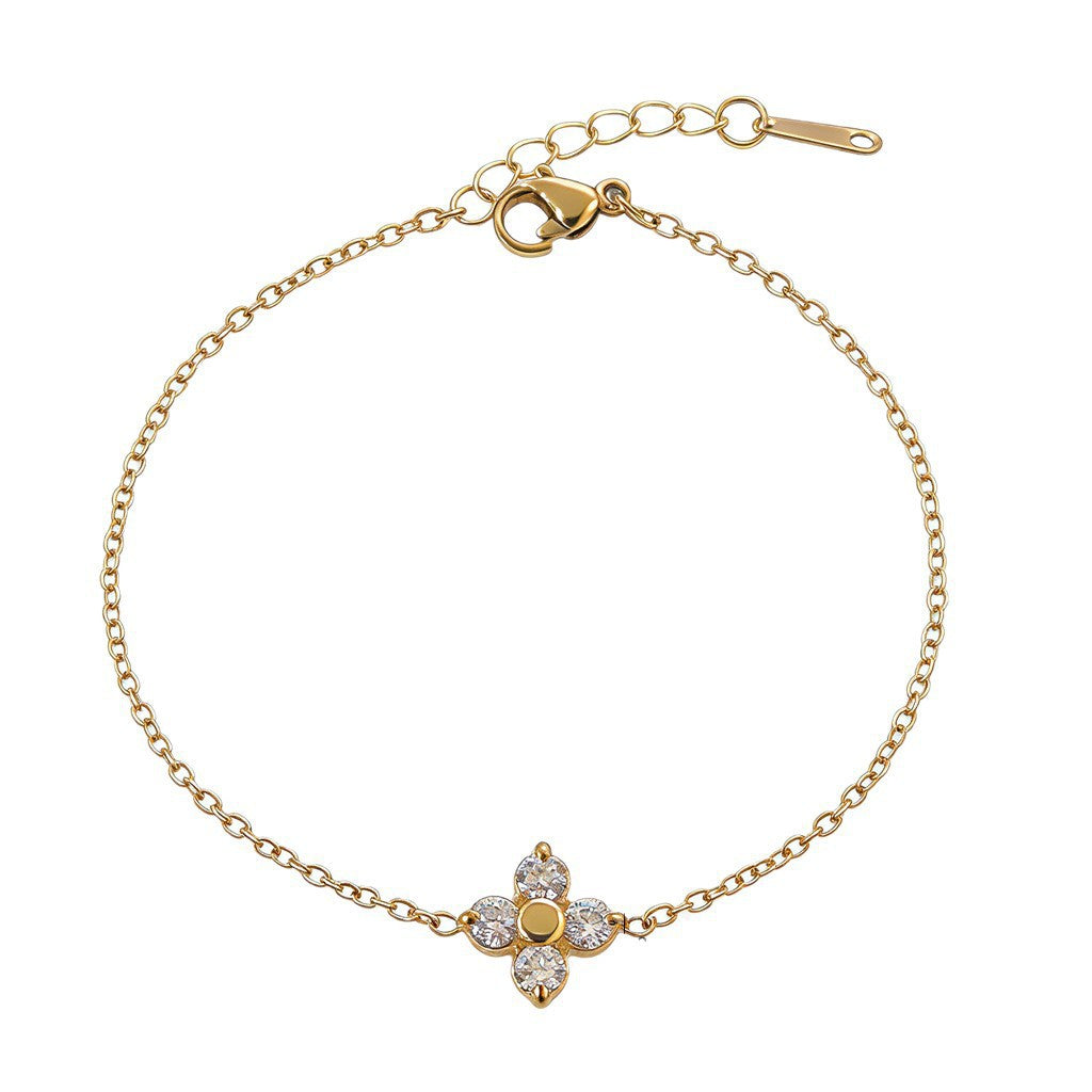 Elegant Geometric Floral Stainless Steel Plated Bracelet with Cubic Zirconia for Women