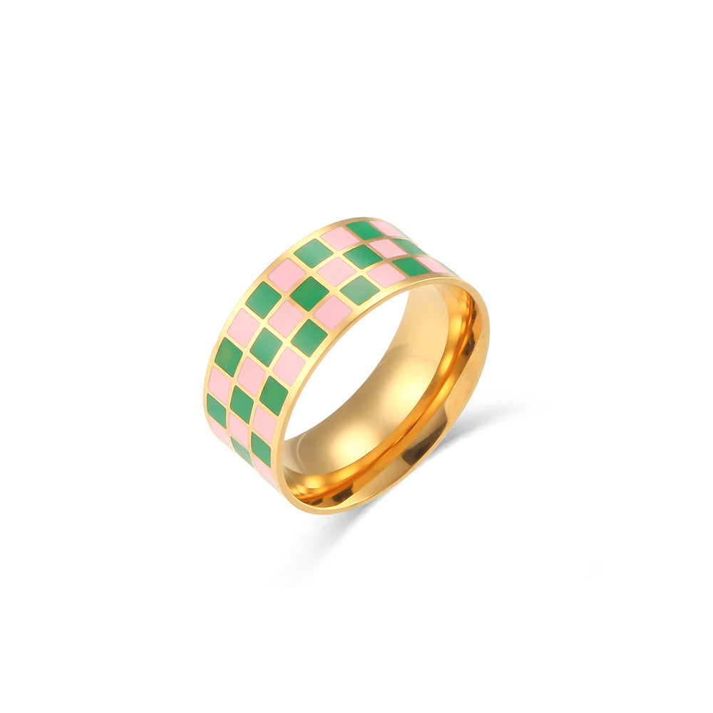 Minimalist Geometric Square Stainless Steel Plated 18K Gold Luxury Chessboard Pattern Ring for Women