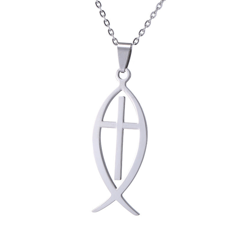 Natural Minimalist Fish-Shaped Pendant Necklace in Stainless Steel with Polished Finish for Women