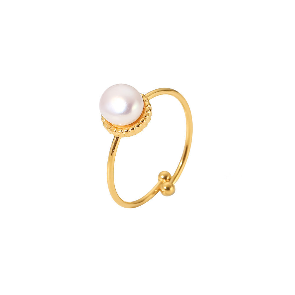 Anello Regolabile in Acciaio Inossidabile con Perle d'Acqua Dolce e Design Geometrico Placcato Oro 18K da Donna