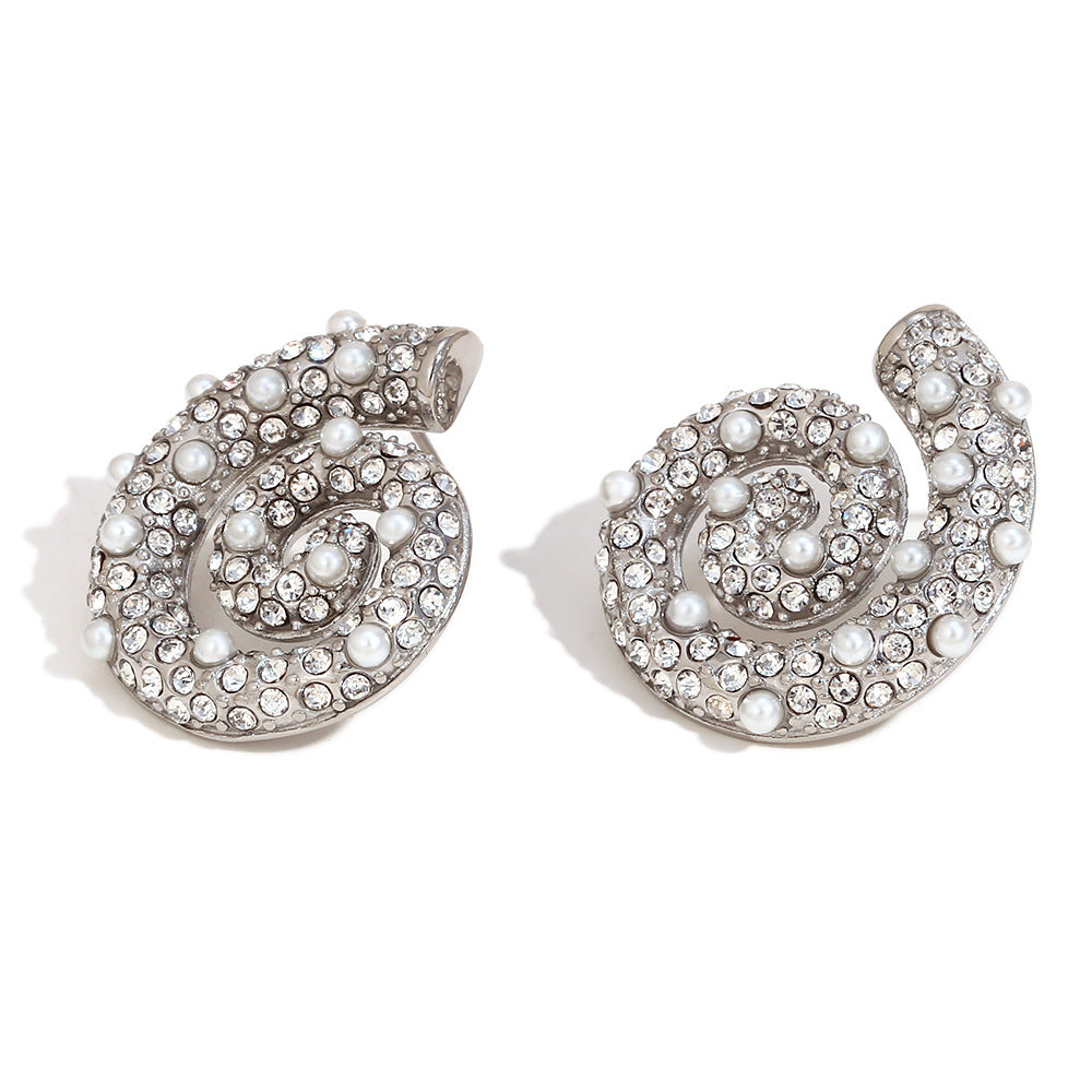 Minimalist Geometric Stainless Steel Earrings with 18K Gold Plating, Luxury Pearl and Zircon Inlay, Conch-Shaped Studs for Women