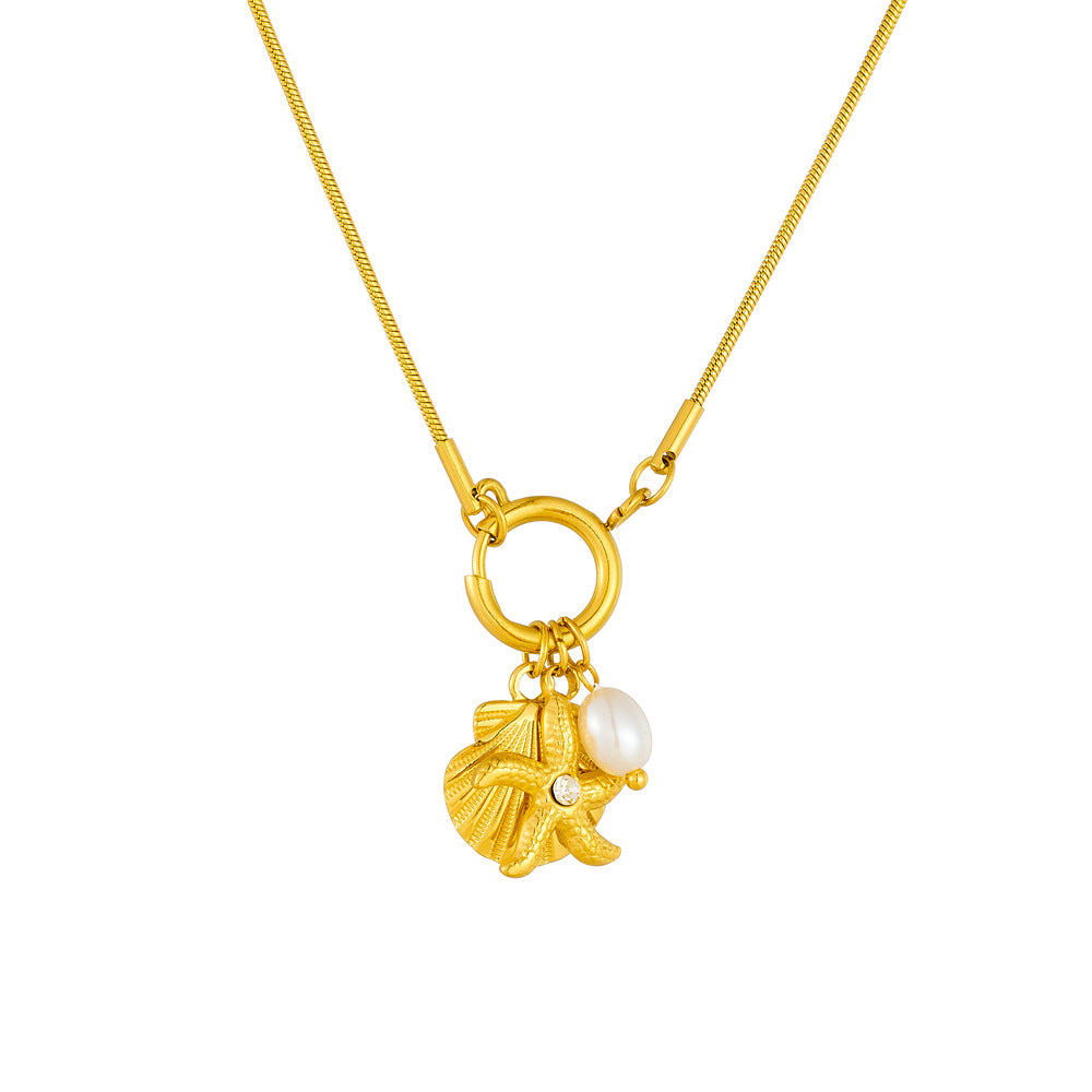 Collana da donna con ciondolo a stella marina e conchiglia, placcata oro su catena snake, in acciaio inossidabile, a tema oceanico