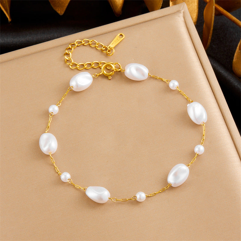 Conjunto de collar y pulsera de perlas de acero inoxidable chapado, minimalista y a la moda para mujer
