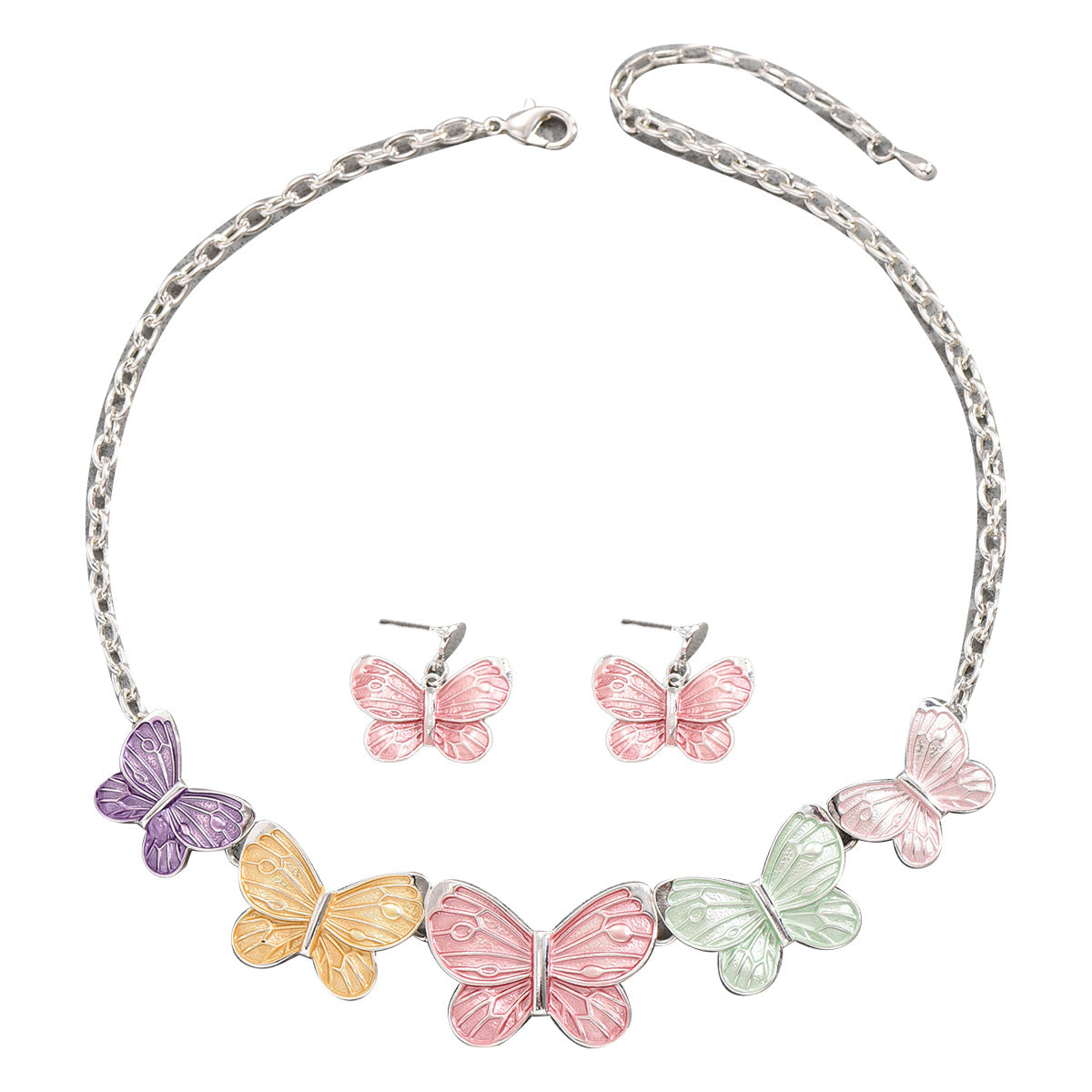 Fashionable Office Lady Enamel Butterfly Necklace and Earrings Set in Metal with Animal Motifs for Women