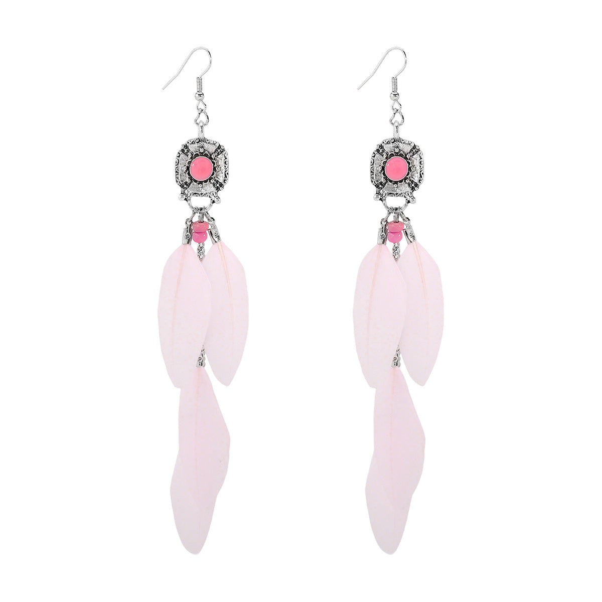 Bohemian Ethnic Vintage Feather Tassel Long Dangle Earrings in Zinc Alloy with Electroplated Finish for Women