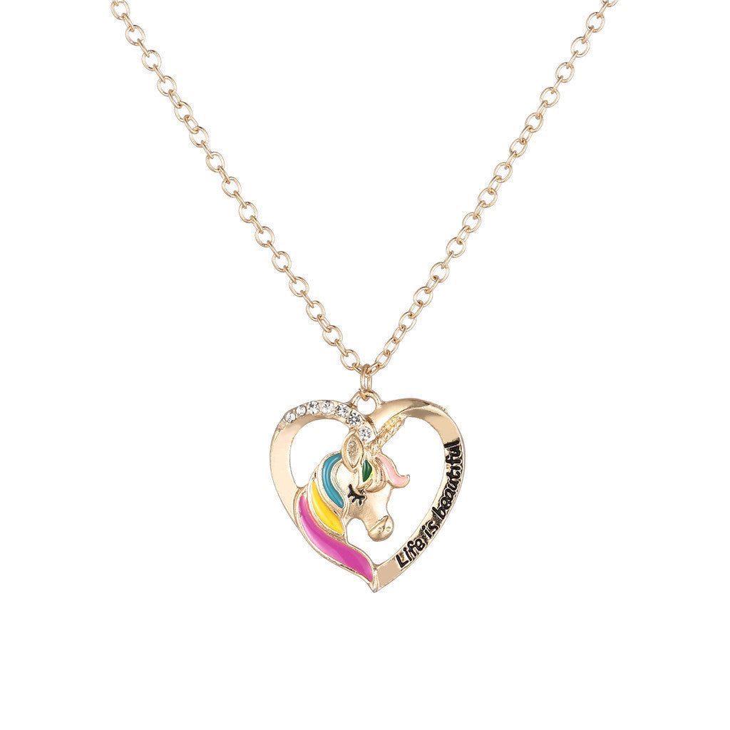 Collar colgante minimalista de unicornio para niñas, joyería de esmalte de aleación con forma de corazón, cadena O de longitud ajustable