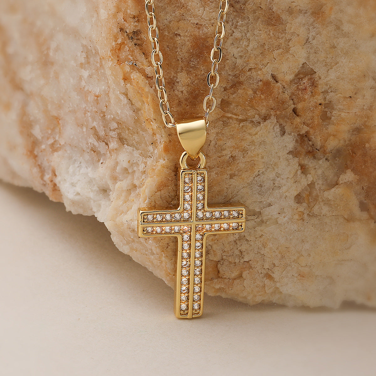 Minimalist Gold Plated Brass Cross Pendant Necklace with Cubic Zirconia for Women