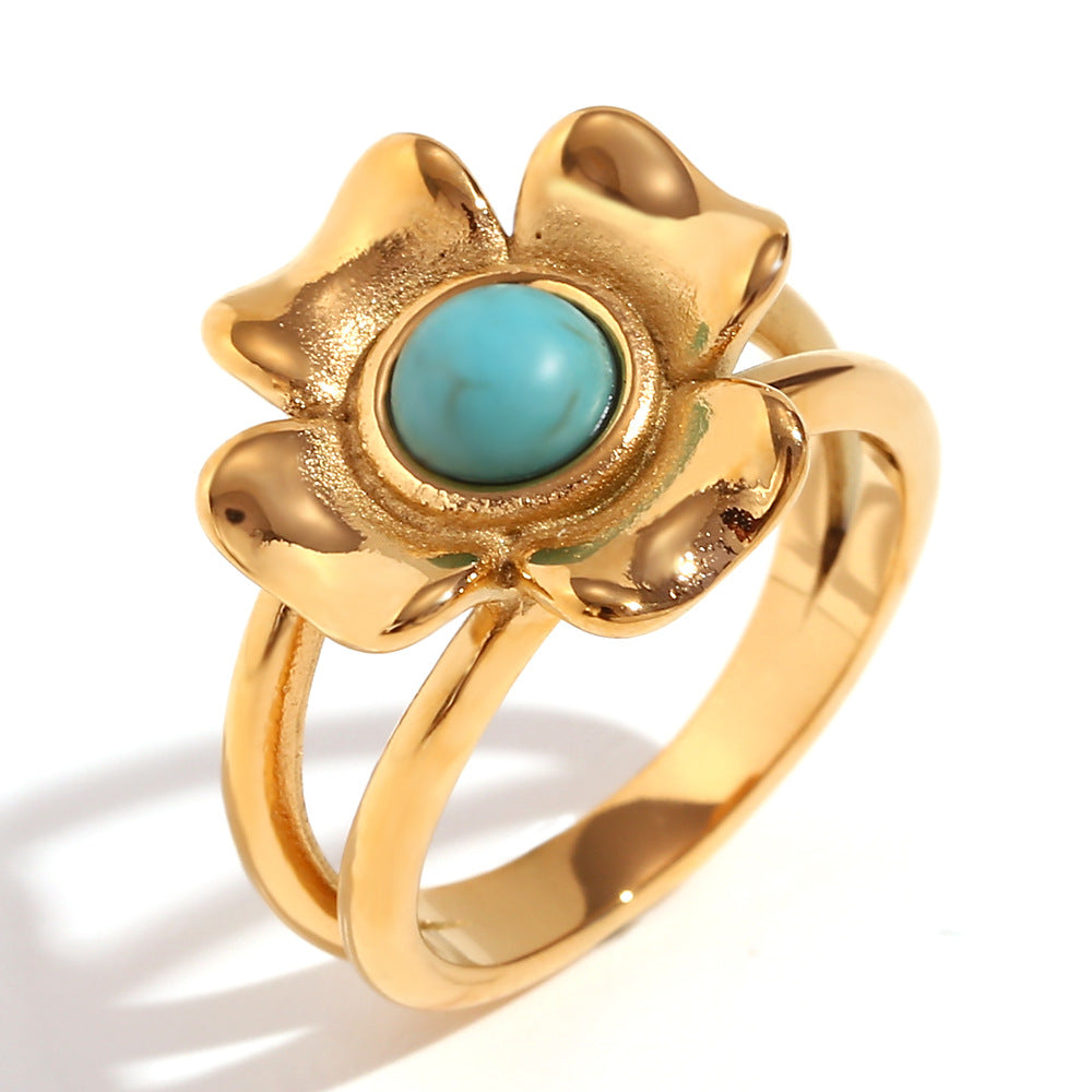 Anillo de Acero Inoxidable Chapado en Oro de 18K con Forma de Flor de Cuatro Pétalos Estilo Vintage para Mujer