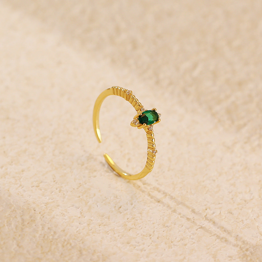 Anello di lusso elegante geometrico placcato in argento sterling 925 con zirconi cubici color smeraldo, rotondo, ovale, design aperto da donna