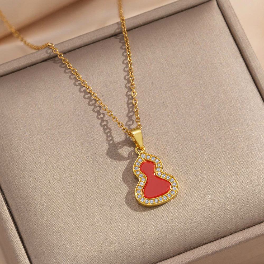 Collana da donna vintage in stile cinese, lusso leggero, con ciondolo a zucca placcato oro 18 carati, in acciaio al titanio e catena a O in rame