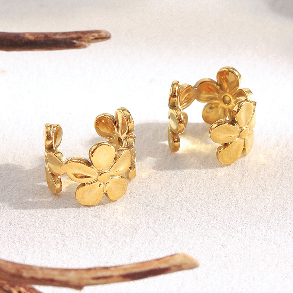 Orecchini a Clip da Donna a U Placcati Oro 18K in Acciaio Inossidabile con Fiori Geometrici Stile Vintage alla Moda