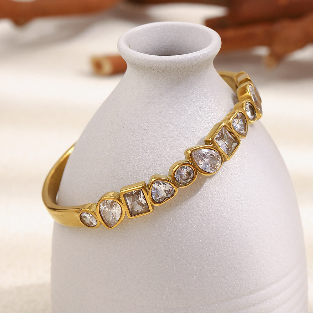 Fashionable Geometric Stainless Steel Bracelet with 18K Gold Plating and Zircon Inlay for Women