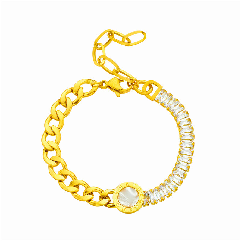 Fashionable Irregular Round Pendant Stainless Steel Bracelet with Rhinestone Accents and Plated Finish