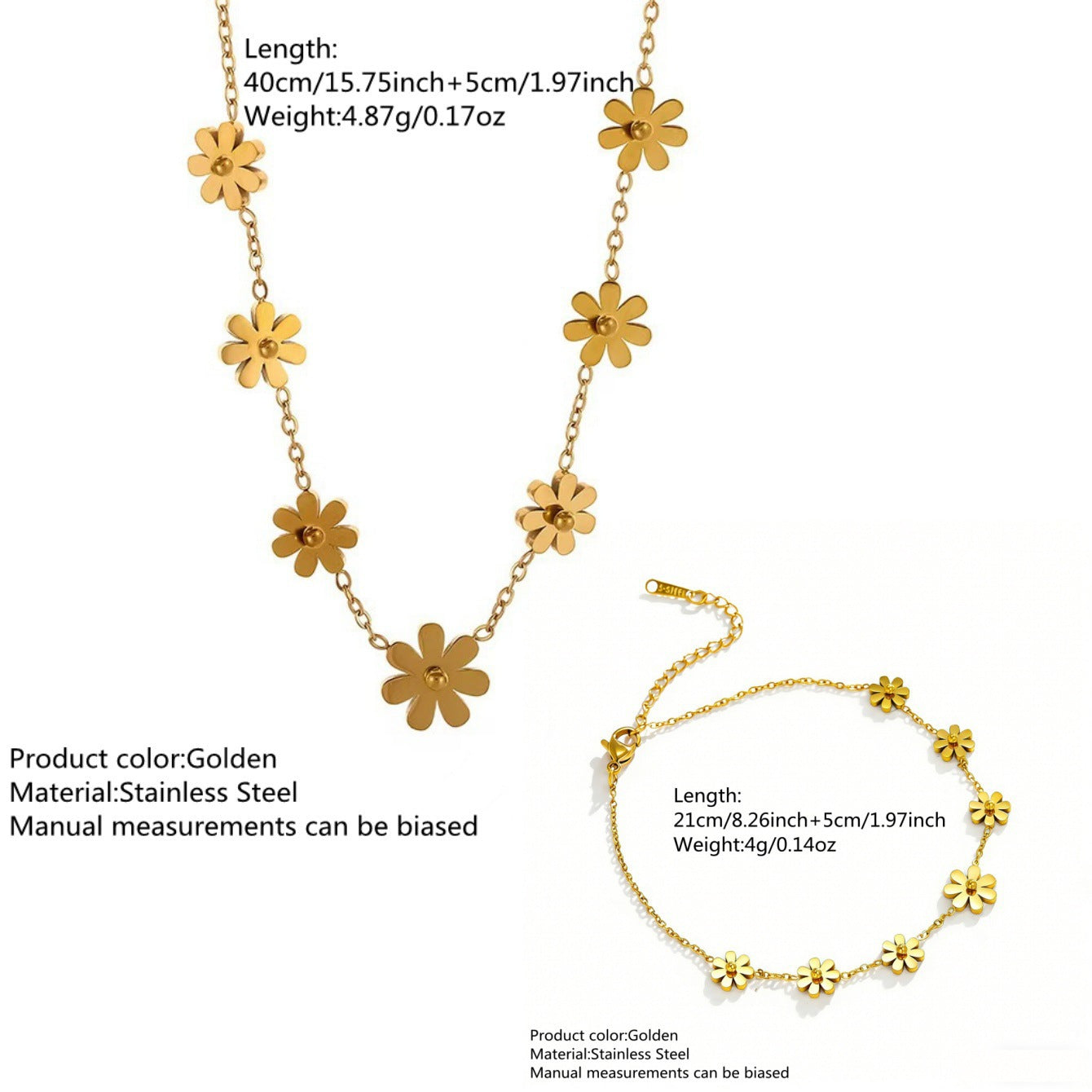 Elegante set collana e cavigliera in acciaio inossidabile placcato oro 18 carati con ciondolo a forma di fiore di margherita e catena a maglie, da donna