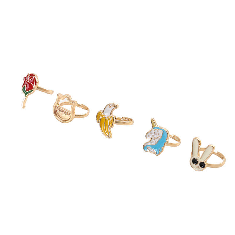Cartoon Unicorn Rabbit Fruit Shaped Adjustable Alloy Ring Set for Kids with Enamel Finish