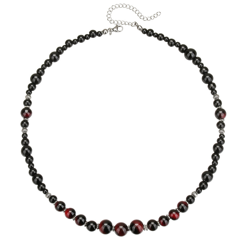 Hip-hop Punk Vintage Geometric Round Black Diamond Tiger's Eye Handmade Beaded Necklace Cable Chain Unisex