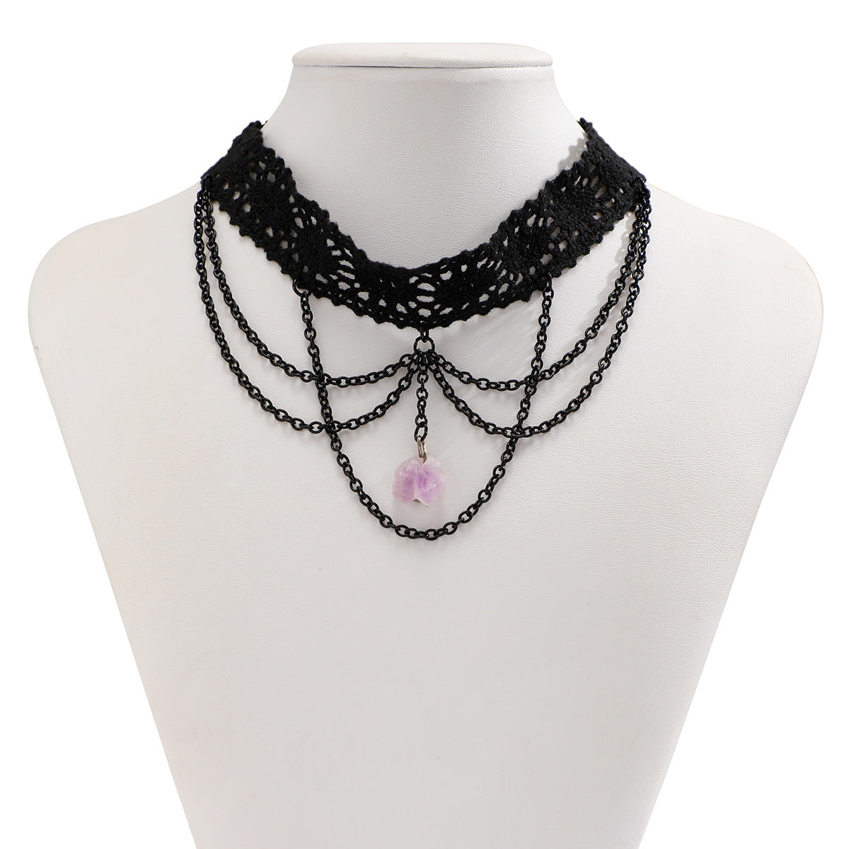 Collana choker gotica "sweet-and-edgy" da donna con pietra irregolare, finiture in pizzo e catena ad anelli
