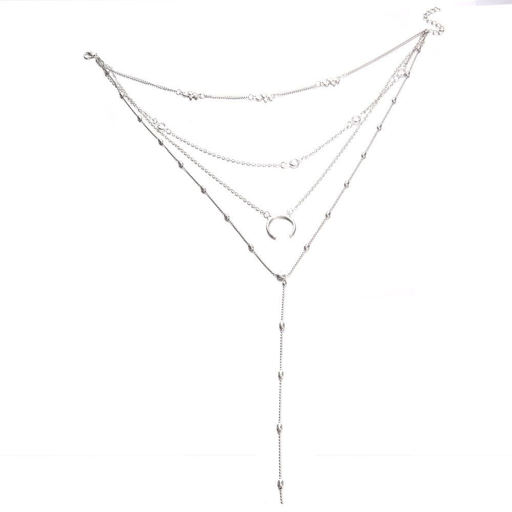 Minimalist Crescent Moon Pendant Necklace for Women with Alloy Y-Shape Chain and Tassel Detail