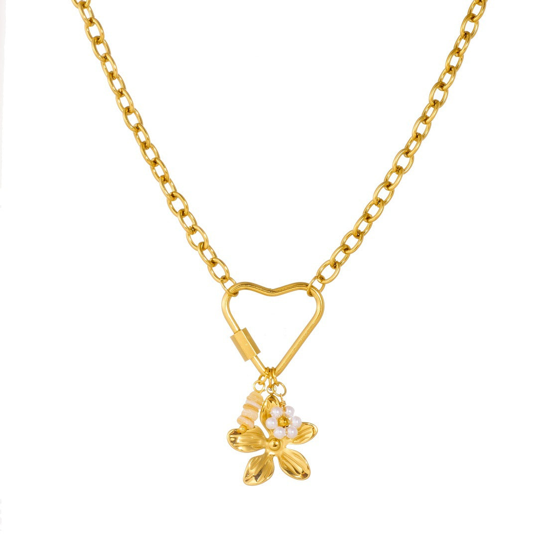 Casual Gold Plated Heart Lily of the Valley Pearl Pendant Stainless Steel Curb Chain Necklace for Women