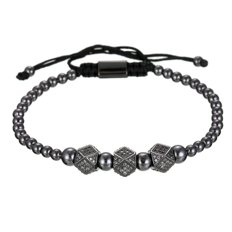 Unique Geometric Handmade Brass Bracelet with Cubic Zirconia and Adjustable Beads