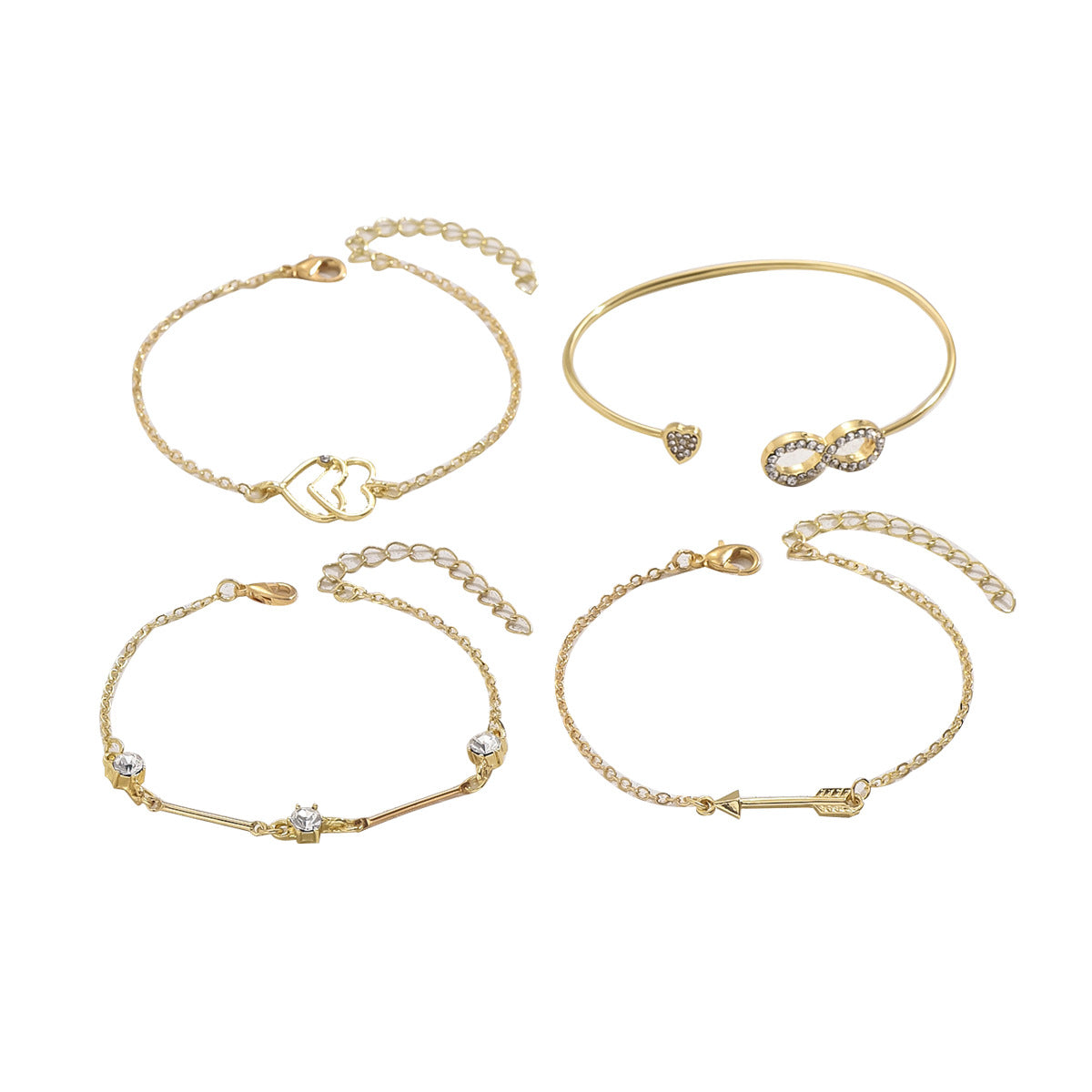 Juego de pulseras minimalistas de aleación con forma de corazón, incrustaciones de diamantes de imitación y diseño asimétrico para mujer