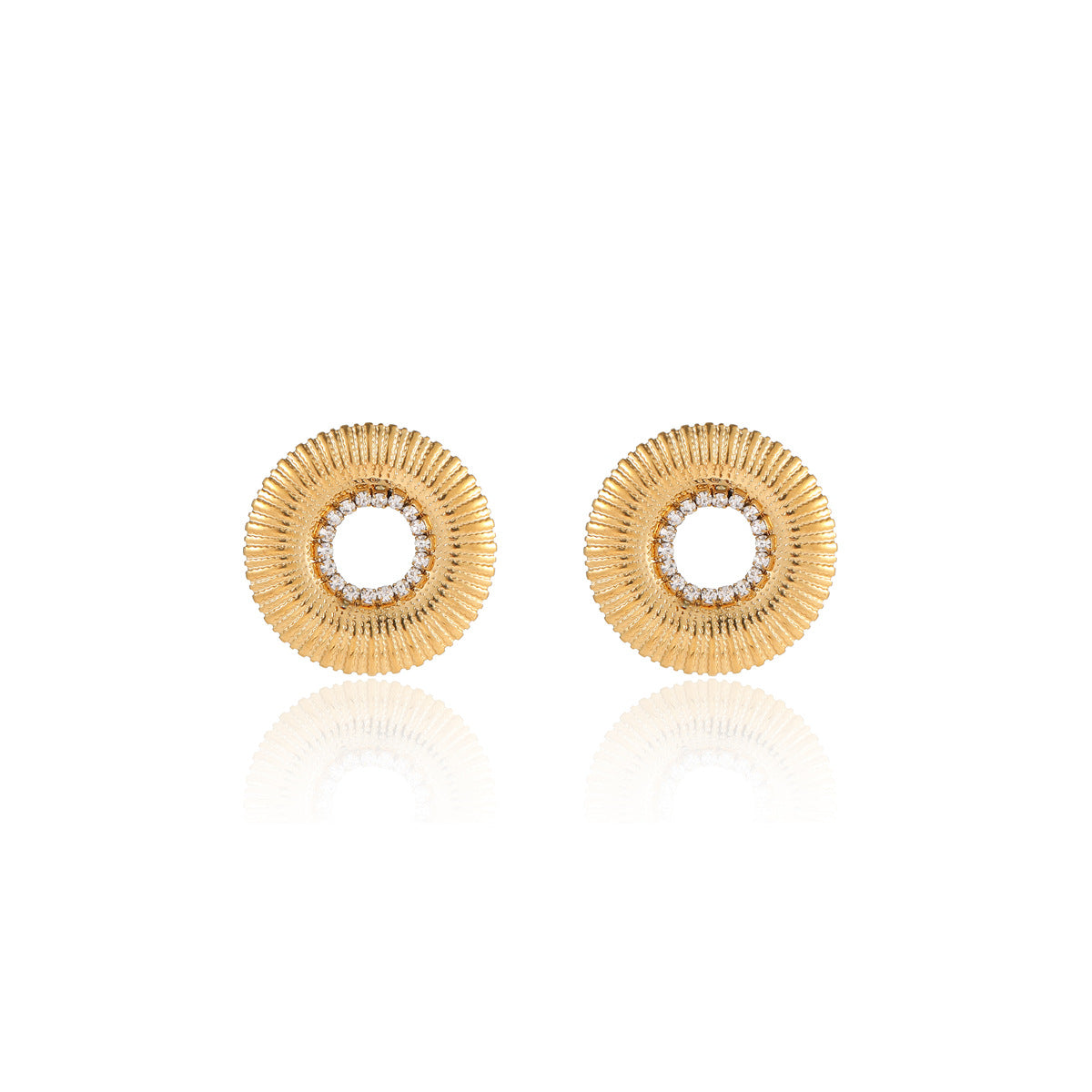 Pendientes de botón minimalistas de acero inoxidable chapado en oro de 18 quilates con forma redonda hueca y diamantes de imitación para mujer