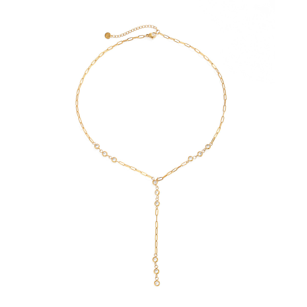 Luxury Minimalist Round Geometric Cubic Zirconia Pendant 18K Gold Plated Stainless Steel Y-Shape Tassel Necklace for Women