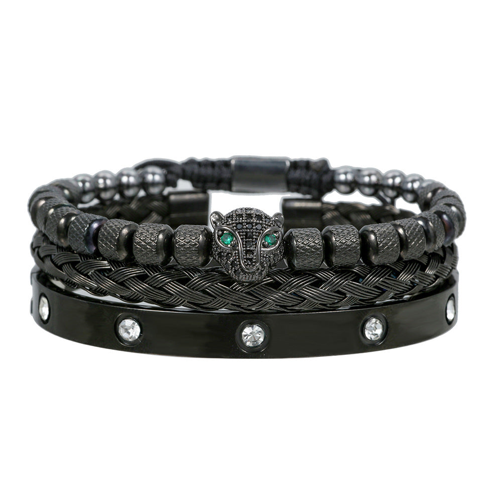 Vintage Geometric Leopard Head Micro-inlaid Cubic Zirconia Woven Stainless Steel Bracelet Set