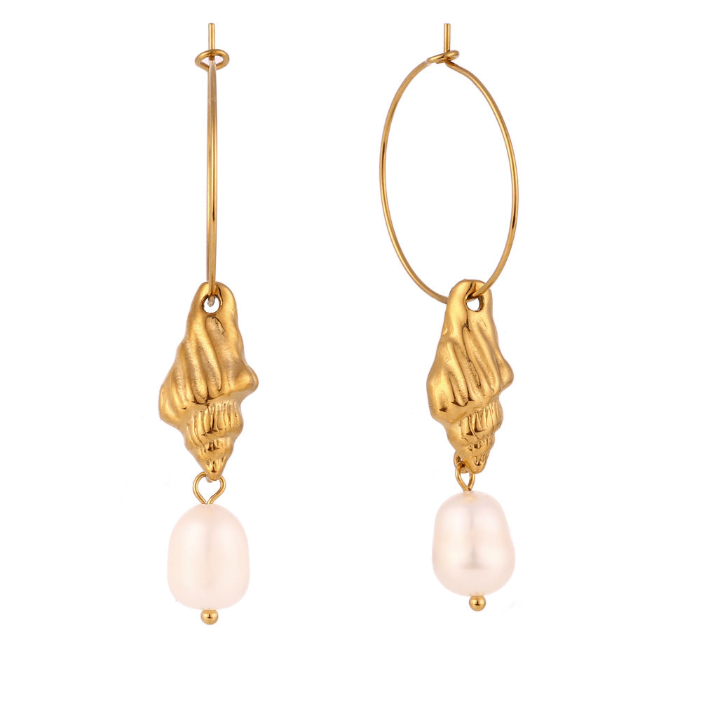Fashion OL Geometric Stainless Steel 18K Gold Plated Freshwater Pearl Shell Hoop Earrings for Women