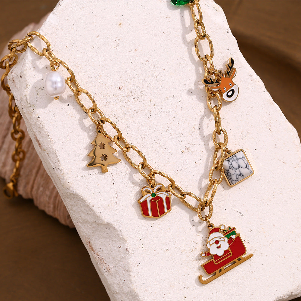 Bonito Collar con Colgante de Personaje de Dibujos Animados en Acero Inoxidable con Baño de Oro de 18K, Cadena Hecha a Mano, Diseño Temático Navideño para Mujeres