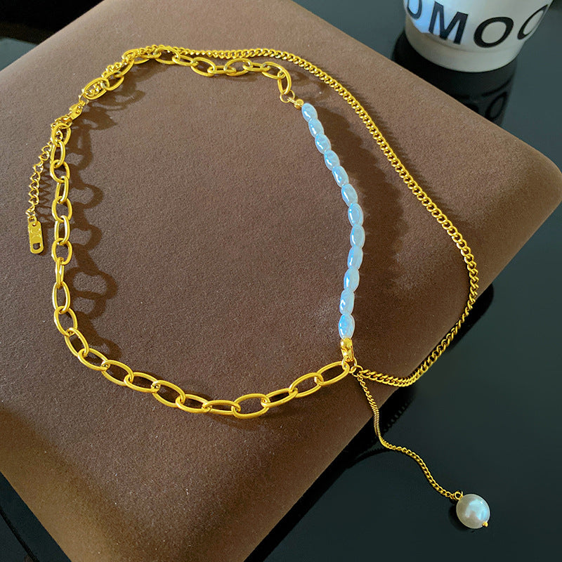 Sweet Oval Round Titanium Steel Plated Long Tassel Necklace with Bar Clasp