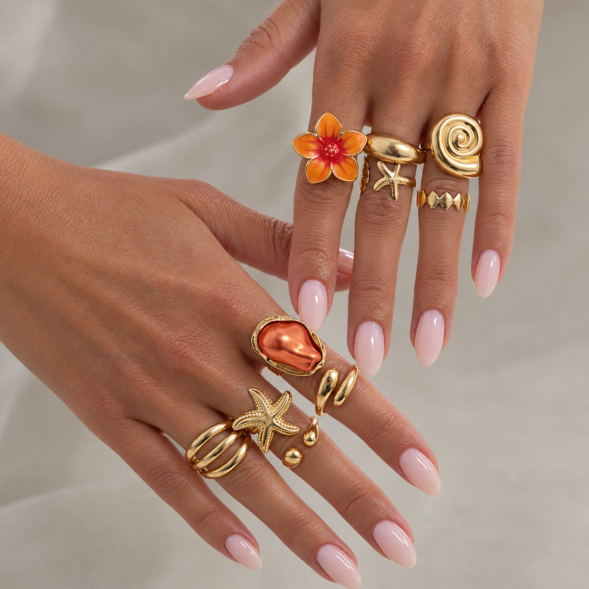 Sweet Floral Starfish Shell Zinc Alloy Plated Drip Oil Faux Pearl Open Ring for Women