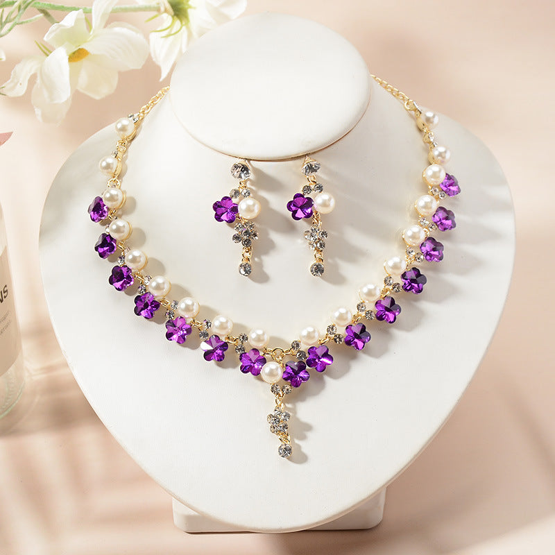 Elegant Rhinestone Star Moon Floral Plated Necklace and Earrings Set for Women Wedding Party